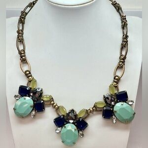 J Crew Gold Tone Mint Navy Blue Green Rhinestones Statement Necklace 3001